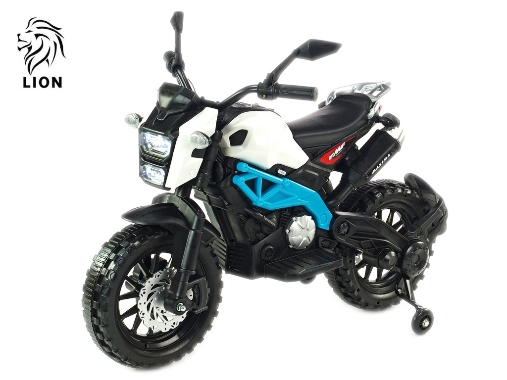  Elektrická motorka terénní Lion plynovou rukojetí a nožní brzdou,bílo-modrá1225
