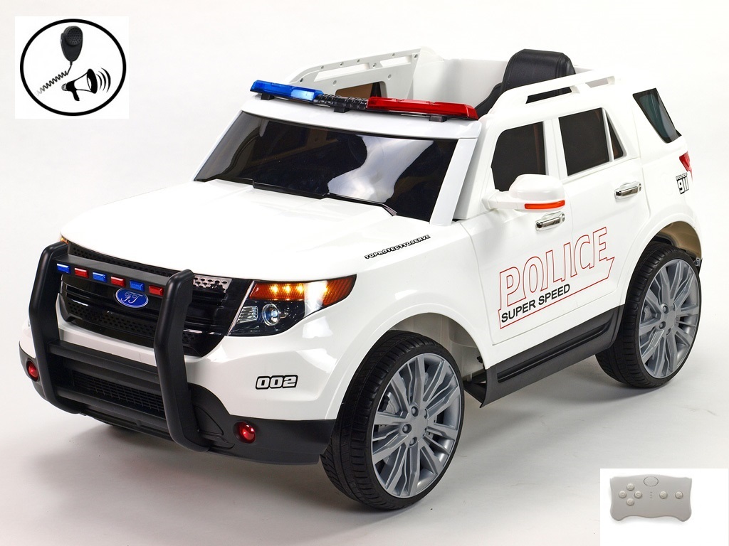 Elektrické auto USA policie s 2,4G, megafon, LED a zvukové efekty, bílá